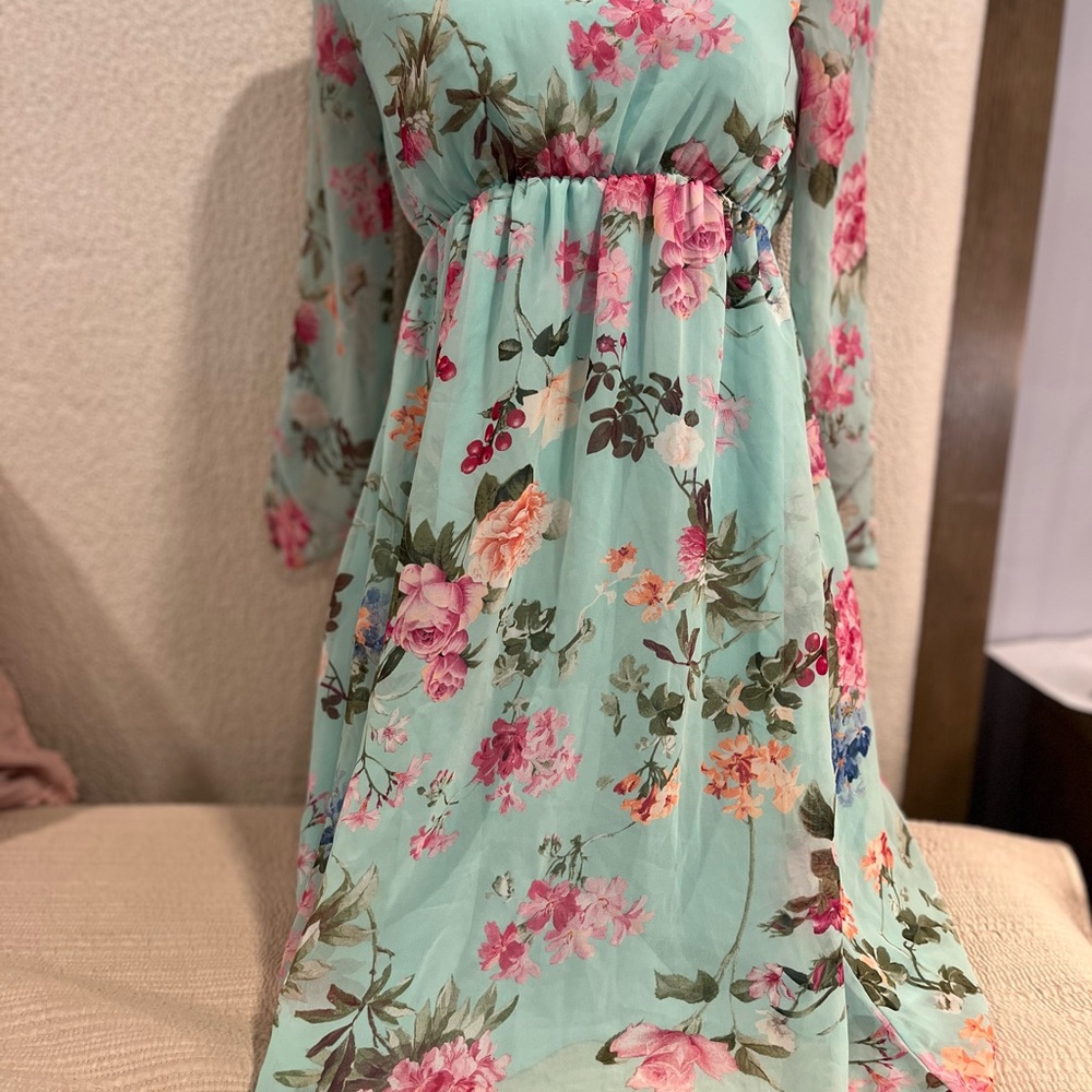 Floral Midi Dress in Mint with Pink Bloom Print